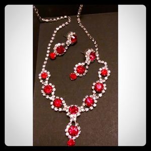 Red and Clear Stone Necklace and Earring Set